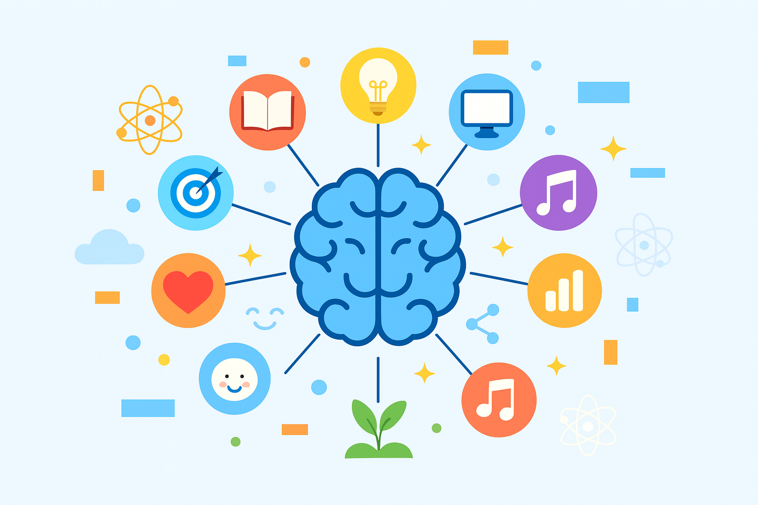Illustration of a student with brain-related graphics and skill icons